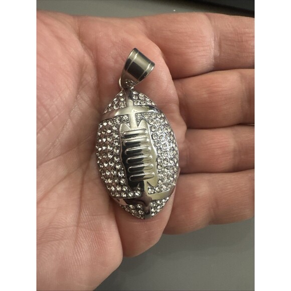 Football Pendant Chain Stainless Steel Super Bowl Gift Men’s Cubic Zirconia Iced - Picture 3 of 7